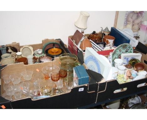 FOUR BOXES OF CERAMICS, GLASS, STONEWARE, etc to include Oriental, wind chimes, novelty lamp, etc