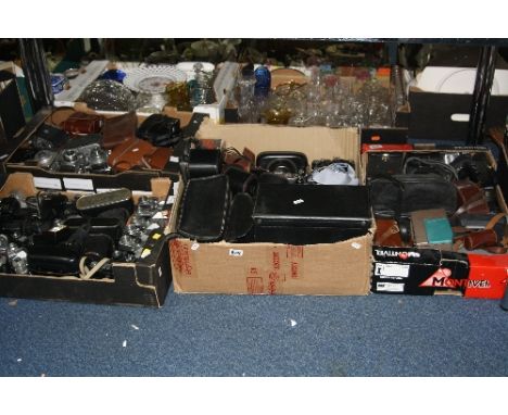 FOUR BOXES OF CAMERA AND OPTICAL EQUIPMENT, including Zenit, Canon, Praktica, etc