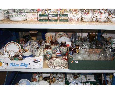 FIVE BOXES OF CERAMICS, GLASSWARE, etc, to include Royal Crown Derby '2451', Carnival glass, ruby etched decanter (sd) garnit