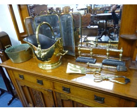 A QUANTITY OF BRASS AND METALWARES, including an helmet shaped coal hod and two enamel bread bins