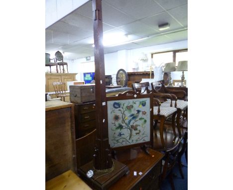 AN ART DECO STYLE STANDARD LAMP, on plinth base and a mahogany framed tapestry firescreen (2)