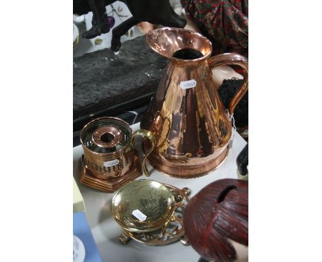 FOUR PIECES OF COPPER AND BRASS, to include jug, chamber stick etc (4)