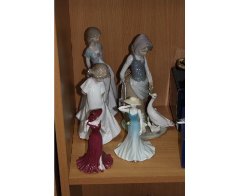 A LLADRO FIGURE GROUP, young girl feeding duck family, No.1277, together with two Nao figures and two Coalport Debutante figu