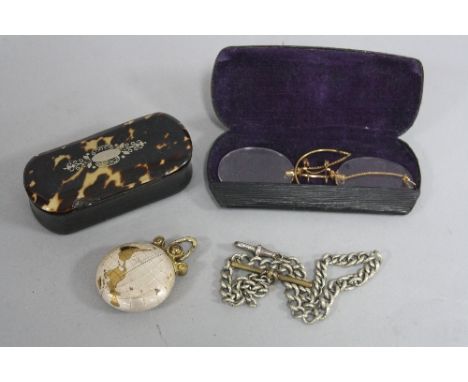 A MIXED LOT, to include snuff box, glasses, watch and chain