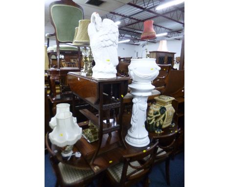 A CERAMIC PLANTER WITH BASE, ceramic umbrella stand shaped as a swan and another ceramic item and a quantity of table lamps w