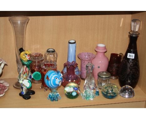 A GROUP OF GLASSWARES, to include etched ruby decanter, Caithness, Murano style Fish and Clown, silver topped items etc (19)