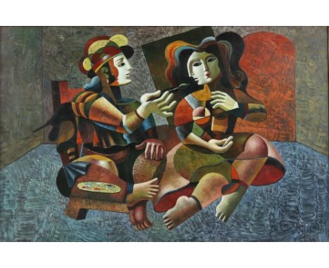 Abstract geometric figures of artist and sitter, signed R Croft, framed, framers label verso, 60cm x 90cm