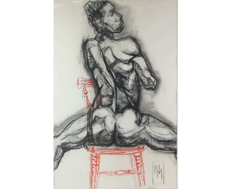 Mircea Marosin (Romanian, 1921-2007), nude male straddling a chair, monogrammed MM, mixed media, 98cm x 66cm. Born in Buchare