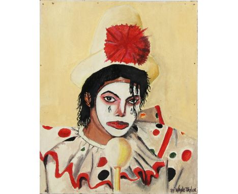 Wayne Taylor (British, b.1973). Portrait of Michael Jackson in clown suit, signed and dated 1989, 56 x 46.5cm, a mixed media 