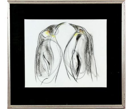 20th century sketch of two penguins unsigned charcoal and wash, 27cm x33cm 