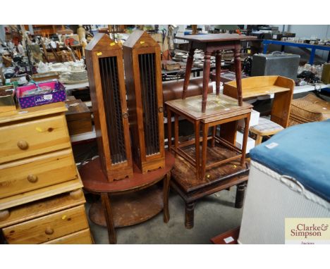 A tiled top table together with another table; an occasional table and a side table; two CD storage units and a two tiered oc