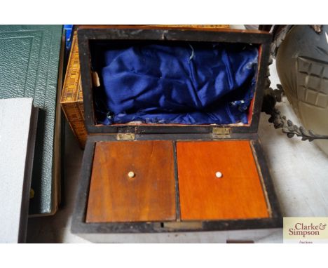 A 19th Century rosewood sarcophagus shaped two compartment tea caddy; an inlaid and chequer banded trinket box and a Tunbridg