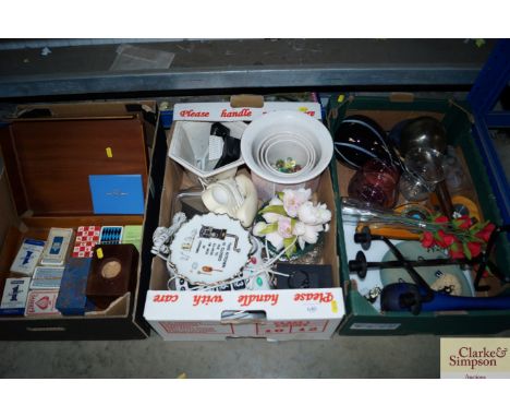 Three boxes of various sundries to include playing cards; plant pots; glassware etc