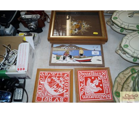 Two framed tiles together with a tile depicting a beech scene and a marquetry flower picture