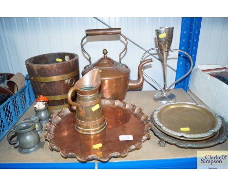 A collection of various copper and brassware to include a copper tray; copper kettle; brass tray; A R A Lister &amp; Co plant