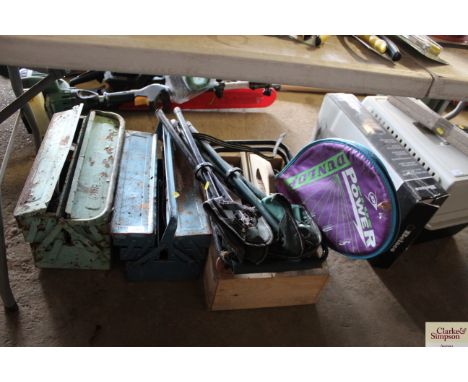 Two cantilever tool boxes with a quantity of various hand tools to include spanners, chisels, scrapers etc.; together with th