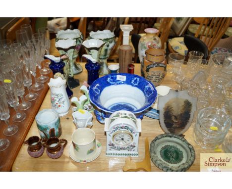 A quantity of various china to include Portmeirion mantel clock, various vases, blue and white bowl, Wedgwood Jasperware plat