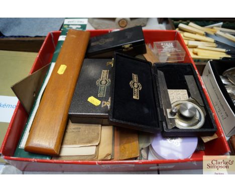A box containing various wooden rulers; cased Moore &amp; Wright engineering tools; ephemera etc