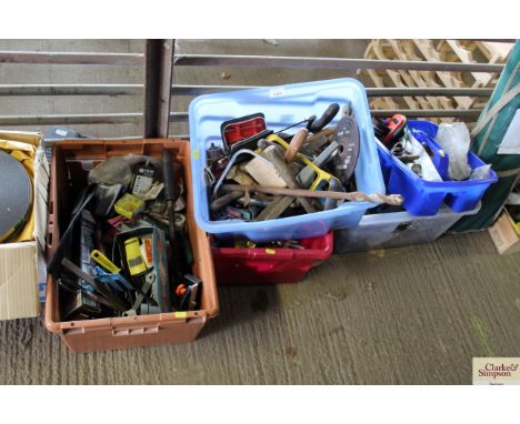Five plastic containers with miscellaneous tools to include saws, chisels, clamps, scrapers etc.