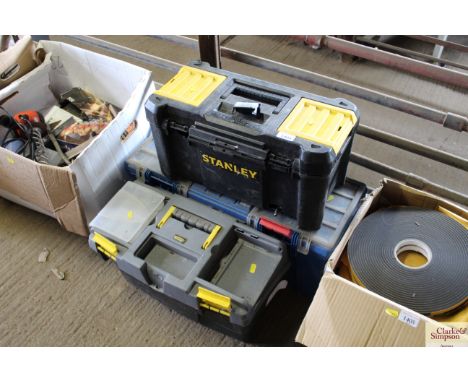 Three plastic tool boxes containing tools to include hand drills, screwdrivers, hand mincers, spanners, door plates etc.