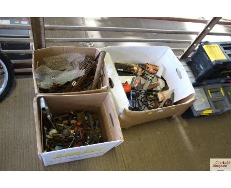 Three cardboard boxes of various tools to include spanners, screwdrivers, sockets, saws, hammers, drill bits; an electric Bla