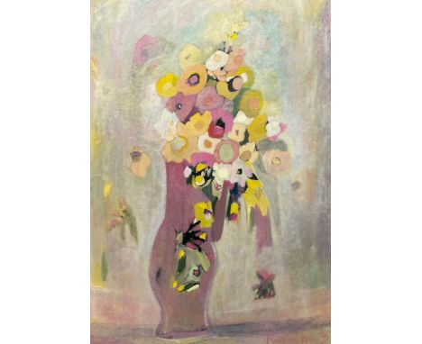 An indistinctly signed oil on canvas, still life vase and flowers. H.105 W.75cm