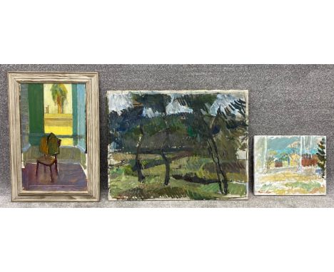 Three oil paintings to include; one indistinctly signed village scene on canvas, one initialled impressionist style landscape