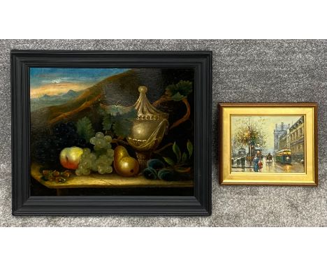 Two unsigned, framed artworks; one a print still life, and the other an oil on canvas, French street scene. H.50 W.60cm (larg