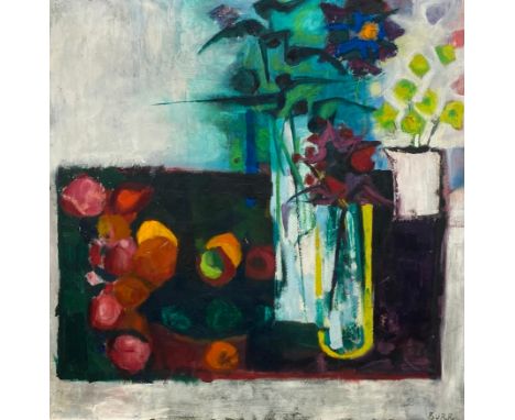 James Burr (b.1926), a signed and dated oil on board, abstract still life composition, 'Flowers Fruit' 1960. H.90 W.90cm