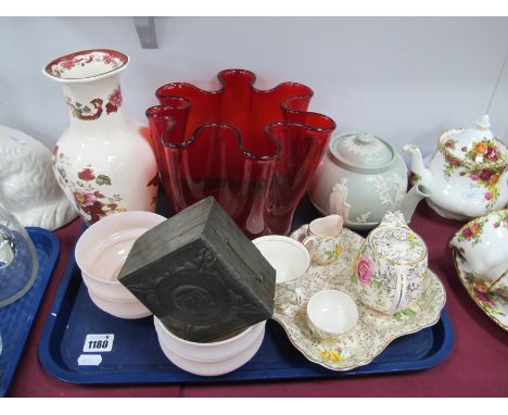 A Dudson Teapot, Mason's 'Mandalay Red' vase, wavy red glass vase, Old Foley individual tea set, pewter box, etc:- One Tray.