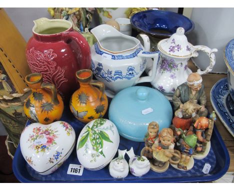 Hummel Figures, Hammersley coffee pot, heart and egg shaped boxes, condiments, Brentleigh, Woods Ware, glass powder bowl, etc