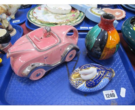 Royal Crown Derby Paperweight as a Duck (no stopper). Poole vase, Art Deco pink teapot as a racing car 820236 (head repaired)