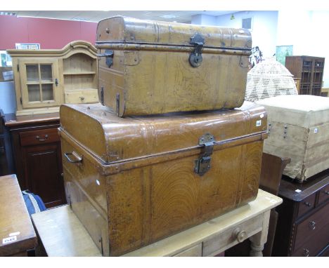 A XIX Century Painted Tin Trunk, with twin handles, brass lock together with a XIX Century smaller painted tin trunk. (2)