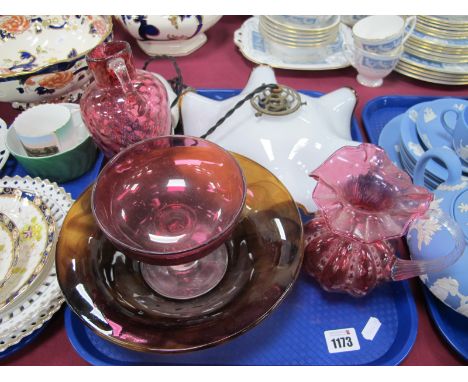 Cranberry Glass Jugs, Davidson bowl, rise and fall light, etc:- One Tray.