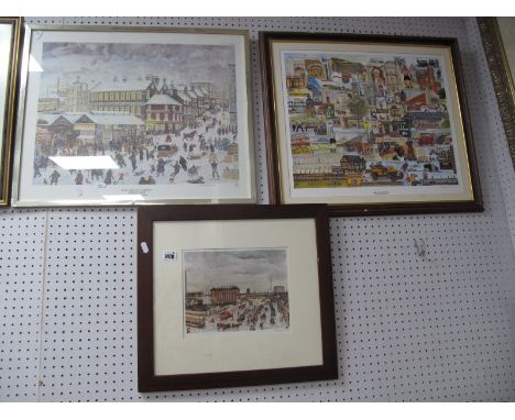 Terry Gorman (Sheffield Artists) signed prints of Rag and Tag Market, 38.5 x 50.5cm. 'Spirit of Sheffield' and 'Victoria Stat