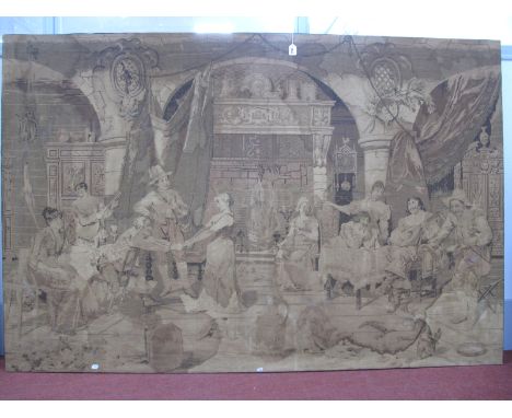 A XX Century Large Continental Tapestry, a classical interior scene  of a Gentleman playing a mandolin, lady sitting by the f