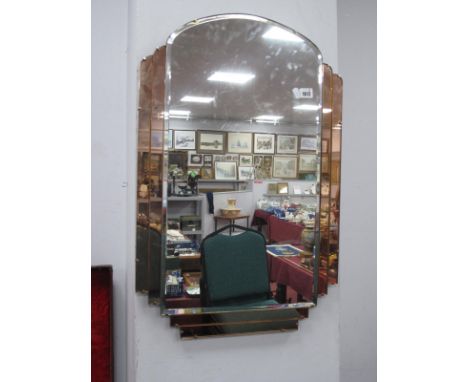 Art Deco Arch Topped Wall Mirror, with twin pink tinted strips to side and base, 48cm wide.
