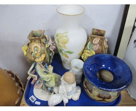 Doulton Stoneware '1867' Vase, with 20cm wide rim. Tezza and Nao figurines, vases:- One Tray.