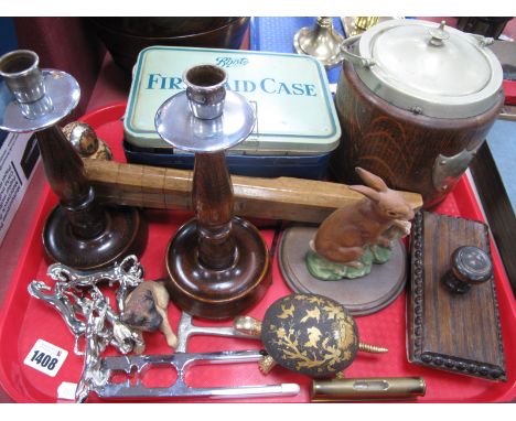 An Oak Biscuit Barrel, candlesticks and blotter. First Aid kit, tortoise desk bell, etc:- One Tray.