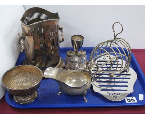 A Silver Sauce Boat, plated Mappin and Webb bottle stand, toast rack, etc.