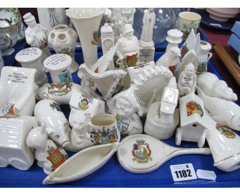 Crested China - Grafton, Florentine, Carlton, Willow Art, Arcadian, etc, figures, yacht, harp, jester, pillarboxes, etc:- One