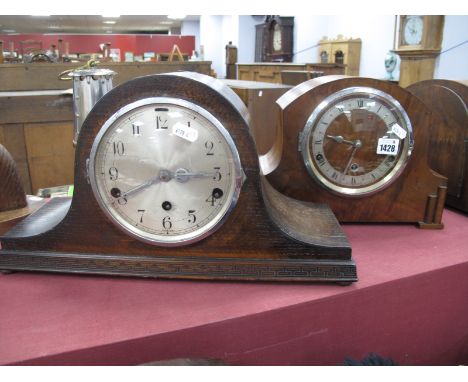 A 1930's Oak Cased Napoleon Style Mantle Clock, together with a 1920's walnut mantle clock.