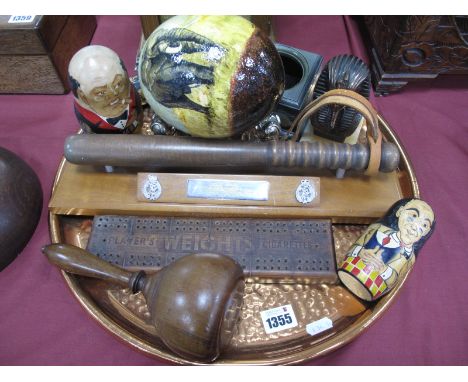 Players Advertising Crib Board, Russian dolls, gavel, painted egg, truncheon, copper tray, etc.