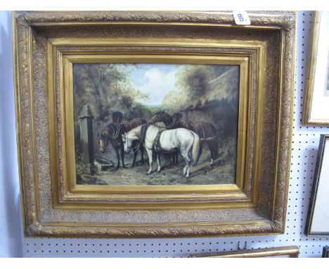  A XIX Century Style Picture, of three horses by a trough, 29 x 39cm