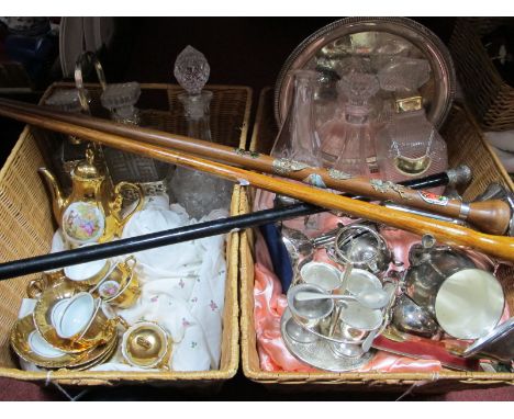 Five Glass Decanters, three walking canes, Bondware coffee service, plated tea service, candlesticks, egg cruet, two baskets,