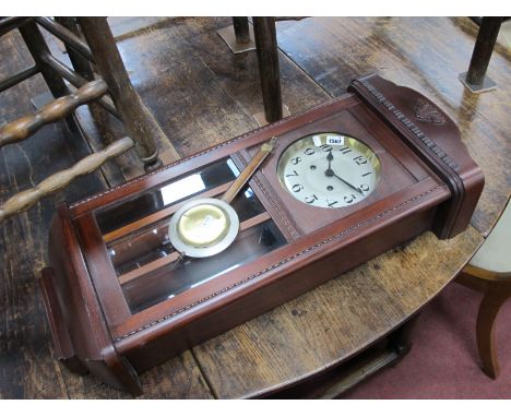 A 1940's Mahogany Regulator Wall clock, with Arabic numerals to silvered dial.