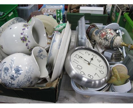 Wash Jugs, lamps, clock, scales, ceramics, glass etc:- Three Boxes.