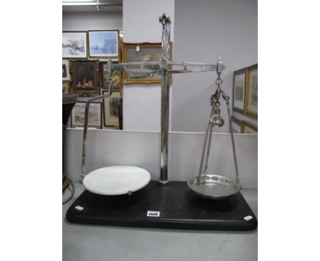 A Mid 1900's Set of Chrome Shop Scales, to weight 2lb, with white porcelain pan.