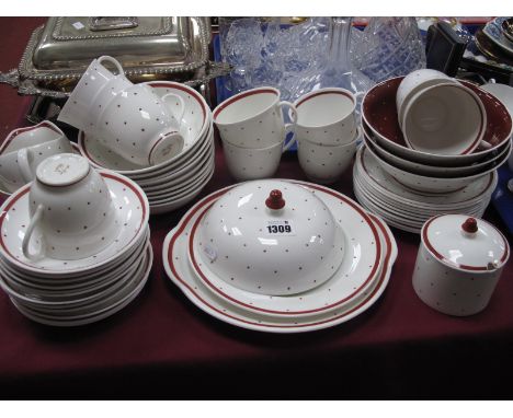 A Vintage Susie Cooper Tea Service, with red polka dot pattern, together with three dark red bowls with white polka dots to t