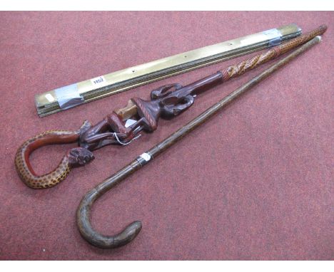 African Walking Stick, brass stair rods, early XX Century walking stick. (3)